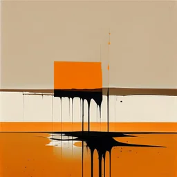 Melancholy Minimal abstract flat landscape painting. Rough brushstrokes and dripping paint. A single orange colour highlight with complimentary background colours. Use rule of thirds. Place the Horizon line at the top. Style of Justin Mortimer.Abstract empty landscape painting. Dripping paint. Rough. Minimal. Style of Justin Mortimer.