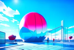 3D representation of architectural wonder, with a concrete design and matte reddish glass that contrasts with the light blue sky, emphasizing organic movement. Its design represents an ant with a bulbous tail and membrane wings with solar panels, its tail is made of concrete and glass. It stands out from pedestrians, creating a sense of scale. In open space, its use is a public place and as a great viewpoint in the mountains Combination of practicality and artistic expression in architecture