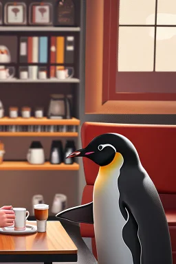 young woman talk to a penguin friend in coffee-shop