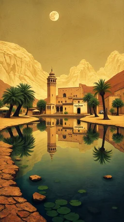 Hieronymus Bosch style , Morocco old Arabian oasis with water lakes and trees with old houses and minaret and dates palms trees