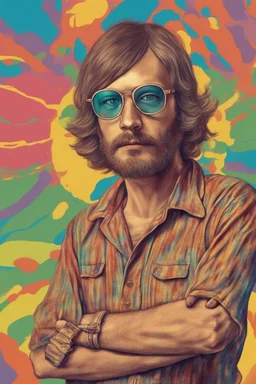 hippie young man with glasses of colours and poor and short short short and poor hair on the head with receding hairline. Farsightedness glasses with big eyes. Shirt beard in the head. Vintage look and feel like photo style-of the 70s