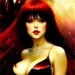 Drawing of beautiful face busty Vampirella,Sweet stare,wet balanciaga fashion clothe painting by gaston bussiere, greg rutkowski, yoji shinkawa, yoshitaka amano, tsutomu nihei, donato giancola, tim hildebrandt, oil on canvas, cinematic composition, extreme detail,fit full head inside picture,16k