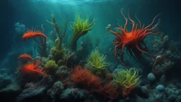 creatures, plants from subanautica from deep sea, leviathan's a lot of sea plants very deep, beautiful, river of magma, green and blue colours