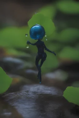 🔬 Bioluminescent blue alien astronaut dancing among the water droplets on a beautiful green leaf.