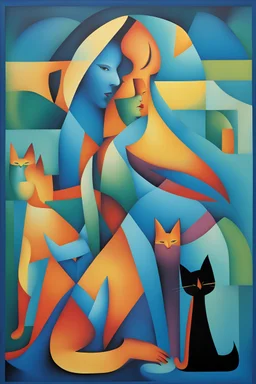 gradient blue background, a cubist painting of a female figure surrounded by cats cat, abstract, cubist styles, vibrant colours, awardwinning image.