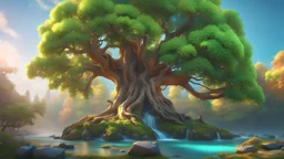 High-end epic colorful large tree, cartoon style dnd, in the heart of the forest add sad lonely large tree with gold metallic shiny leaves, Art Nouveau visuals with Octane Render 3D tech, Ultra-High-Definition (UHD) cinematic character rendering, Aim for hyper-detailed 8K add depressed face to tree, add stream with colorful fantasy fish. Disney and childrens book style.