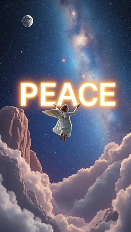 Prompt: "A serene, cosmic landscape with a floating Angel contemplating a large, glowing word “ PEACE “in the sky, The cosmic backdrop hints at the vastness of the mind and the universe."