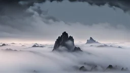 looking up at misty foreground and night sky background, no sun, single sharp narrow mountain peak coming through the mist in the center