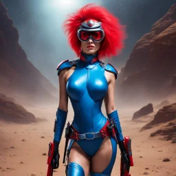 And so, as our thin nudist blue female alien warrior with goggles, red boots, and a corset with ray guns embarks on her perilous journey, she becomes more than just a character in a story. there's also a vulnerability to our warrior. She's not just a conqueror of worlds; she's a complex being with emotions, desires, and a yearning for connection. The jungle tests her in ways she never anticipated, challenging her beliefs and forcing her to confront her own inner demons.