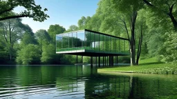 A modern, minimalist glass house is situated on a lake, surrounded by lush green trees. The house is a simple rectangular structure with large glass windows that reflect the surrounding landscape. The house is elevated on a platform, giving it the appearance of floating on the water. The lake is calm and still, with gentle ripples on the surface. The trees are tall and full, with a variety of shades of green. The sky is overcast, creating a soft, diffused light. The overall effect is one of peac