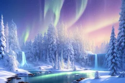 white and gold crystal background，waterfall, winter snow flakessnow, northern Lights, full of details, smooth, bright sunshine，soft light atmosphere, light effect，vaporwave colorful, concept art, smooth, extremely sharp detail, finely tuned detail, ultra high definition, 8 k, unreal engine 5, ultra sharp focus