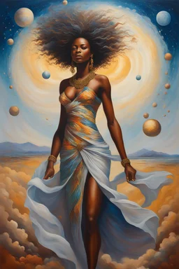 As she walks, her hair flows behind her like a celestial river, adding to the sense of movement and dynamism in the painting. Her presence is captivating, drawing the viewer into her orbit with her magnetic charm and grace. Overall, the painting captures the beauty and majesty of the cosmos, juxtaposed with the strength and resilience of the African female form. It's a celebration of diversity, beauty, and the infinite possibilities that lie within the universe.