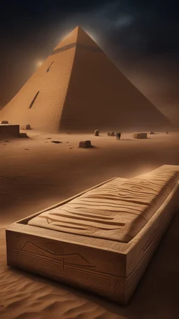 Hyper Realistic haunted view of Egyptian mummy coffins outside Pyramids with sandstorm at dark night