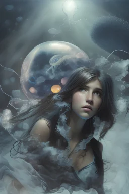 uma imagem de uma garota adolescente no oceano escuro; com uma água viva azul próxima a ela; a garota tem a pele clara, seu cabelo liso é marrom e tem olhos escuros; está usando uma roupa dos anos 1990. the jellyfish has to appear. O fundo da imagem é um oceano azul escuro e assustador, sobrancelhas preenchidas, rosto marcante;