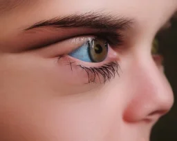 close up of a pair of eyes, heterochromia, gentle, peaceful, long eyelashes