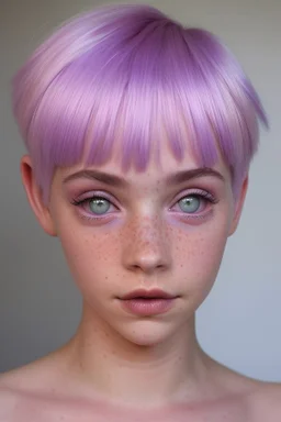 A young woman with lavender skin, purple eyes, pink hair in a pixie cut with pink freckles.