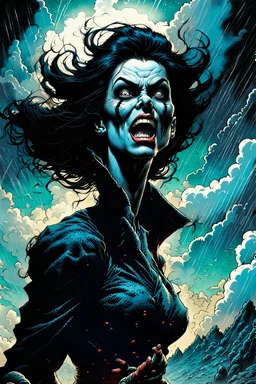 create a surreal horror comic style illustration of malevolent female vampire conjuring a violent storm , with highly detailed facial features, in the comic art style of RICHARD CORBEN and FRANK FRAZETTA, searing lines and forceful strokes, precisely drawn, boldly inked, with gritty textures, vibrant colors, dark and dramatic otherworldly lighting