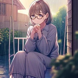 anime girl sitting on a porch swing of an old house, journaling, wearing pajamas, writing in a book, shes watching it rain, more detail on hands and her face,shes deep in her thoughts, wearing glasses, rain drops, she has a pencil in her hand and is writning in the book, she is looking down at what she is writing, lightning