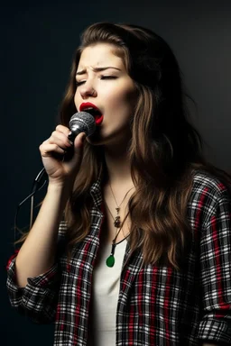 idealized female model country music singer leaning forward while holding microphone in one hand, other hand brought up to side of neck, change clothing to plaid in natural tones, leather bracelets on wrists, long hair, mouth open singing, rings on fingers, eyes closed