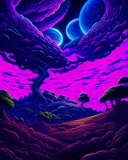 illustration of super cars by dan mumford, alien landscape and vegetation, epic scene, a lot of swirling clouds, high exposure, highly detailed, fantastical, vibrant purple tinted colors, uhd