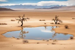 clouds, arid land, distant mountains, dry trees, pond