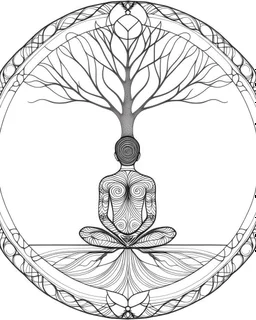 coloring page: An illustration of a person sitting in a calm and serene environment, with the Tree of Life mandala