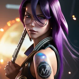 revy black lagoon, purple hair, black tank top, jean shorts, tribal sleeve left arm, portrait shinkai makoto, studio ghibli, studio key, madhouse anime studio, artgerm, lau rossdraws james jean marc simonetti pixiv