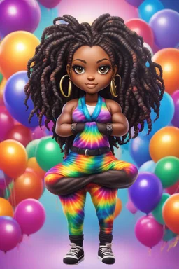 Create an airbrush image of a chibi black curvy female wearing a tie dye yoga outfit. Prominent make up with hazel eyes. Highly detail asymmetrical dread locs. background of colorful large ballons 2k