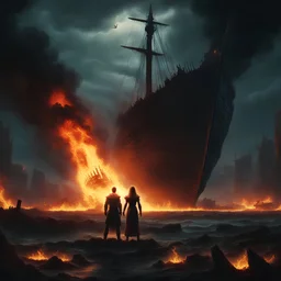 Underwater scene. Shipwreck in the Background. A burning captive standing on the sea ground and getting sent to hell. Epic. Dark Fantasy style. Cinematic. Album cover