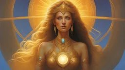 The stunning beautiful goddess of light. concept art, mid shot, intricately detailed, color depth, dramatic, 2/3 face angle, side light, colorful background. Painted by Michael Whelan