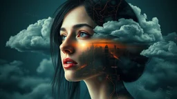 A portrait of a woman formed by a surreal, dreamlike mental landscape reminiscent of double exposure photographs, with layered, swirling clouds and neurological pathways evoking the futuristic, dystopian cityscapes of Cyberpunk 2099 and Blade Runner 2049. Inspired by Vincent Callebaut’s innovative, eco-friendly designs and the complex, mathematically driven patterns of the Fibonacci sequence, seamlessly blending into a dark, misty atmosphere. Igor Morskoy’s signature blend of organic and synthet