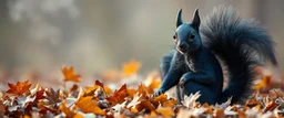 portrait of a shiny black dragon squirrel in autumn, breathing smoke
