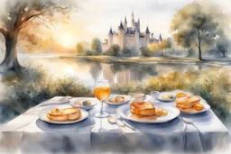 Brunch breakfast on an elegant table in the garden in the background, Castle on the Loire, lake, reflection, sunrise, Misty morning smooth intricate high definition beautiful lighting pencil sketch watercolor polished warm light