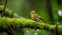 A rufous-faced warbler perched on a mossy branch in a lush, green cloud forest during a misty morning in the Andes Mountains.