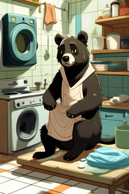 [SAFE]: motherly, anthro female black bear, full body, smiling, happy, wearing cotton sports bra, wearing cotton underpants, in a laundry room, folding laundry, digital art, Disney.