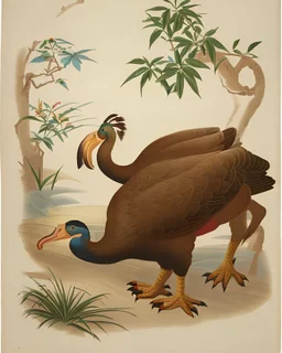 John James Audubon-like illustration of a fully uncropped Dodo bird and a Platypus in a chinoiserie landscape of warm yellows, warm reds, and warm blues