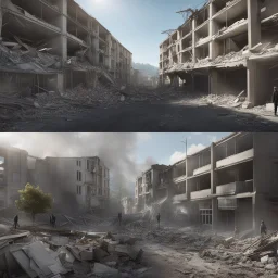 **Cinematic Artwork:** A visual narrative showing the impact of an earthquake on a community without proper infrastructure versus one with optimized buildings. The contrasting outcomes highlight the drastic difference in casualties and chaos. The scene should use split-screen techniques and slow-motion effects to emphasize the life-saving benefits of preparedness and modern construction practices. **Appearance:** cinematic portraits that embodies the themes of constructing earthquake-mitigating