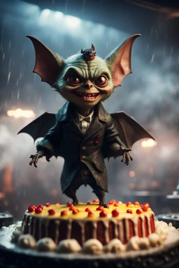 portrait of happy gremlin bat vampire standing in a mega cake on a speeding locomotive in a wind tunnel birthday party in a storm cloud, in the style of a fallout 4,bokeh like f/0.8, tilt-shift lens 8k, high detail, smooth render, down-light, unreal engine, prize winning