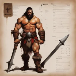 ConceptSheet: barbarian and his axe with AD&D statistics [by Guy Borremans]