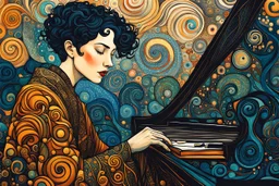 create an abstract expressionist, highly ethereal, darkly magical illustration of a deeply sorrowful, woman with short cropped hair, at her piano, with highly detailed and deeply cut facial features, in the style of GUSTAV KLIMT, PABLO PICASSO, EDWARD BURNE-JONES, WILLIAM MORRIS, and KATHE KOLLWITZ combined with the comic art style of BILL SIENKIEWICZ and JEAN GIRAUD MOEBIUS, searing lines and forceful strokes, precisely drawn, boldly inked, and darkly colored