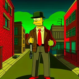 Home Dressed in a Gucci suit, looking like a gangster, 1930's style, Mafia gangster Homer Simpsons, tommy gun, looking cool, NYC scenery