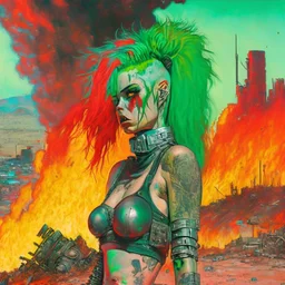 Pintura al oleo Una mujer egirl de pelo verde cyberpunk con tatuajes fittnes en armadura plateada futurista en un estilo de comic de 1980 en un wasteland en montevideo con un volcan rojo.