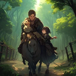 Boy carrying wounded girl, forest path background