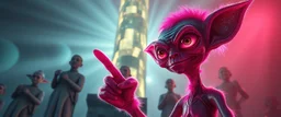 haze volume light rays, depth of field, awake in a dream eraser head psychedelic neon coy cyberpunk fluffy alien cute gremlin pointing up brilliant detailed full figure portrait disco glittery fluffy slender man anime in the style of Escher and Giger in front of dented marble tower of transparent glass statues