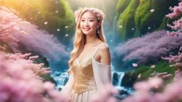 Portrait of a gorgeous smiling asian model with a golden skin, long smooth blonde hair, blue eyes, in a sci-fi outfit with luminous strikes in a hill of flowers with sakura trees, a small torrent, loads of mini flowers, moss, sun rays through the branches, particles in the air at spring