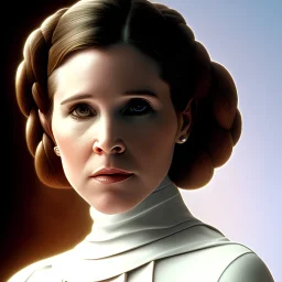 extremely detailed 8k hyperspace wallpaper,complete and photo realistic detailed head to waist stunning photo realistic portrait of carrie fisher as Princess Leia in star wars with photo realistic fine and simple hairstyle, brown eyes, professional majestic photo realistic painting by Ed Blinkey, Atey Ghailan, by Jeremy Mann, Greg Manchess, Antonio Moro, trending on ArtStation, Intricate, High Detail, Sharp focus, dramatic, by greg rutkowski, realism, beautiful and detailed lighting,