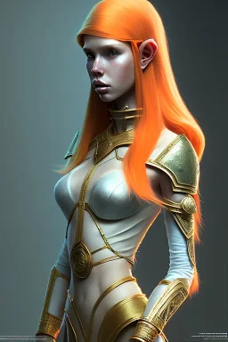 painting of a tall elven young woman with short light orange hair and freckles on the cheak bones and tall body of a topmodel light clothes, full shot, ultra realistic, concept art, intricate details, eerie, highly detailed, photorealistic, octane render, 8 k, unreal engine. art by artgerm and greg rutkowski and charlie bowater and magali villeneuve and alphonse mucha