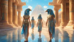 pleiadian , lyrans and blue avians walking around in ancient Egypt realistic, photorealistic symmetric, art by , Yuumei wlop, in the style of , Pixiv Ghibli, natural lighting sunlight, smiling peaceful friendship, Octane 4k highly detailed intricate scenery very detailed reflections