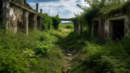 The path to the horizon is lost among the undergrowth and abandoned structures, with a small canine as the only witness to the place.