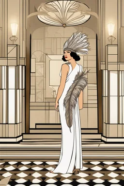 a woman with feathers in an Art Deco foyer